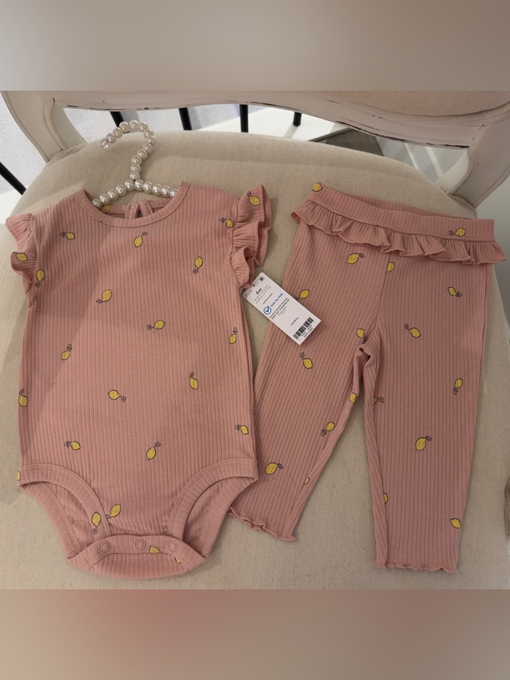 🍋 6 Mth Pink Ribbed Knit Lettuce Trim Lemon Baby Bodysuit & Leggings Set NWT